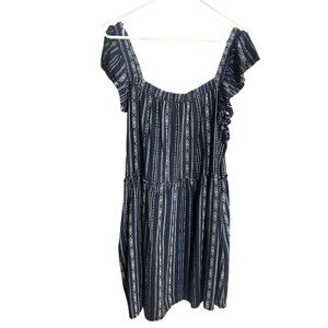 Time and Tru Linen Blend Navy and White Striped Off-Shoulder Mini Dress